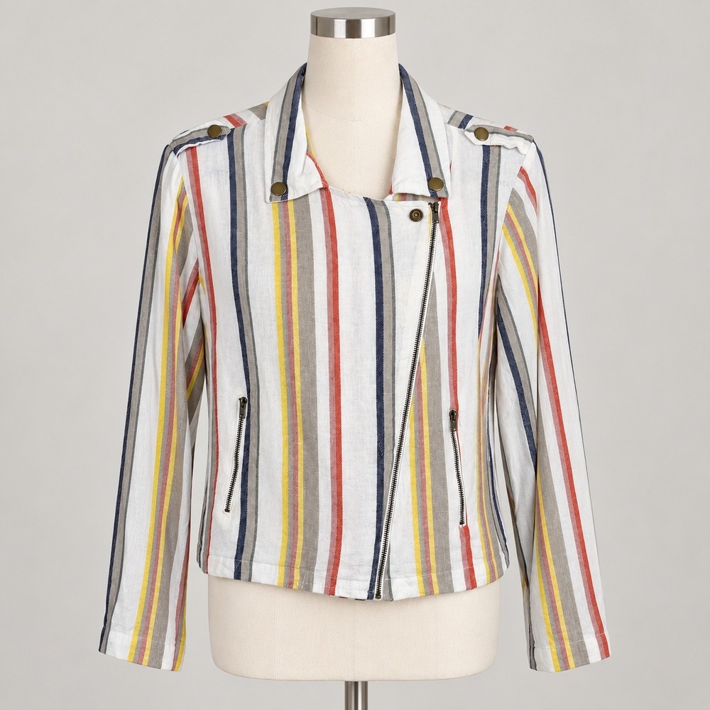 Moto Jacket White Multi Stripe Linen Blend Zip Up Lightweight Coastal Sz L